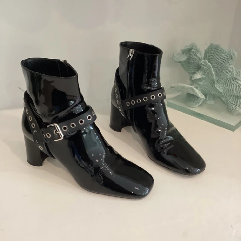 MIU MIU Eyelet Embellished Patent Leather Ankle Boots Black Size 37.5 7